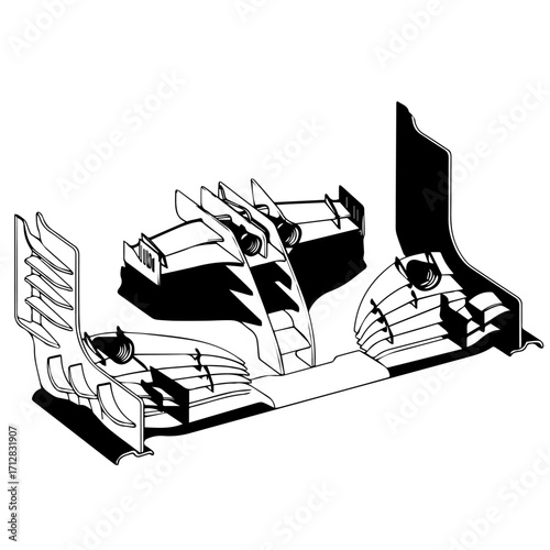 Isometric View of a Formula One Race Car Chassis Detailed Outline.