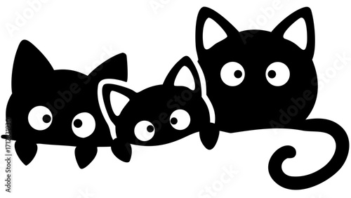 Three adorable black cats with wide, curious eyes peek out playfully, creating a charming and whimsical scene.