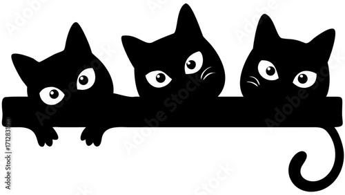 Three playful black kittens peek over a ledge with curious wide eyes, adding charm.