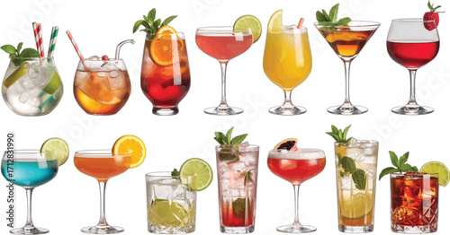 Realistic assortment of various alcoholic and non-alcoholic cocktails with garnishes on a white background Keywords: cocktail, drink, beverage