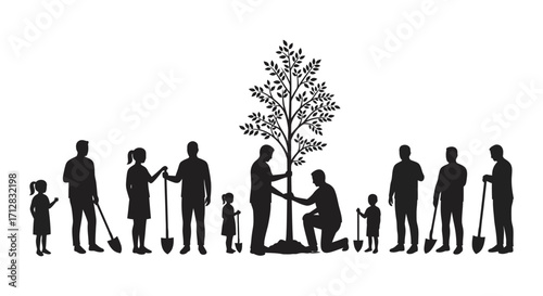 Silhouettes of people gardening and nurturing a small tree together