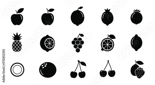 Black and white fruit icons featuring apples citrus berries and pineapple