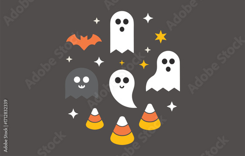 Cute Halloween clipart set with smiling ghosts, flying bat, candy corn sweets, and sparkling stars, perfect for spooky decorations, party invitations, and seasonal design