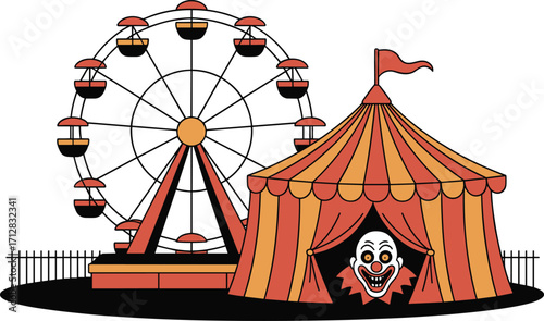 Halloween carnival scene, creepy circus tent, scary clown face, spooky ferris wheel, haunted fair illustration, festive amusement design, horror celebration artwork