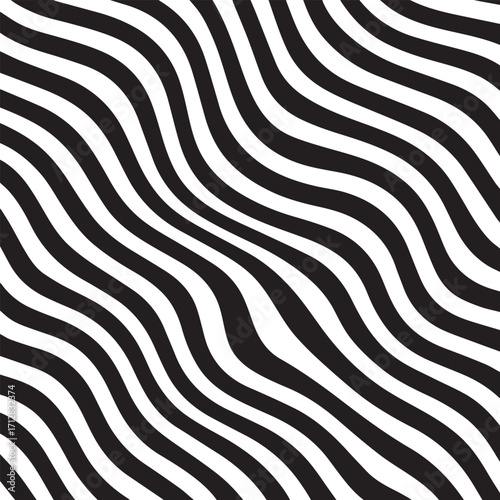 Abstract black and white wavy stripes pattern with a textured grainy effect creating optical illusion