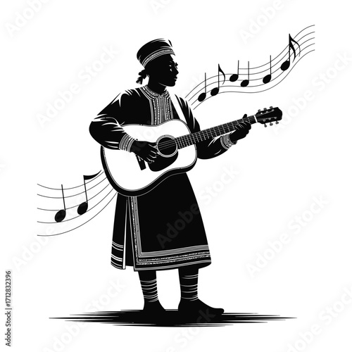Traditional folk singer silhouette wearing cultural outfit performing isolated black and white vector illustration