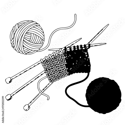 Detailed Black and White Illustration of Knitting Needles and Yarn with Knitted Fabric.