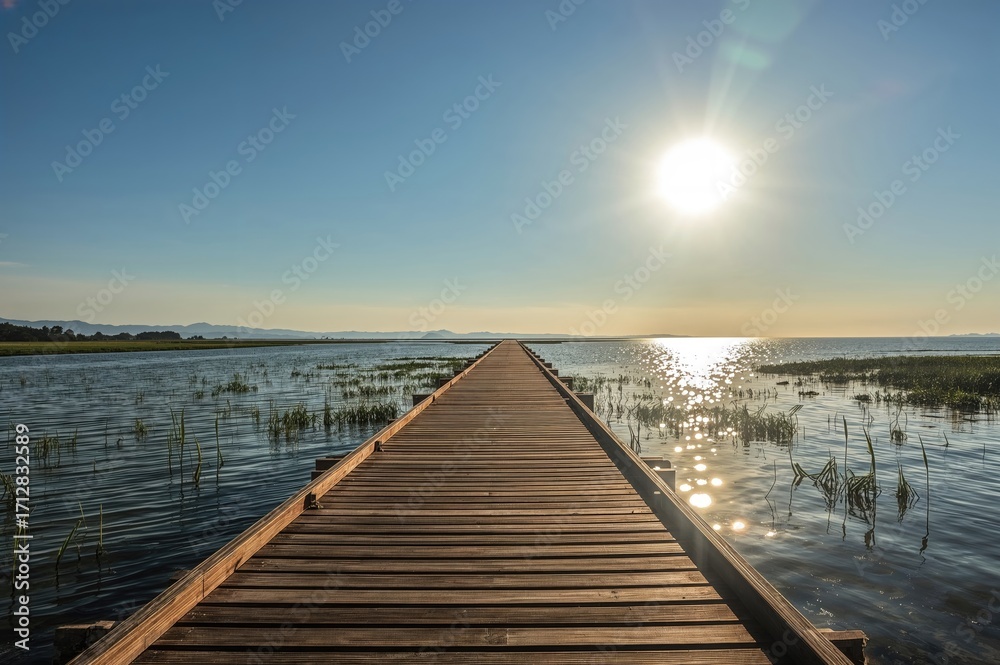 Fototapeta premium Wooden pathway along the coast at bright dawn in a scenic wetland