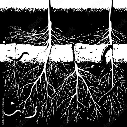 Detailed Black and White Illustration of Plant Roots and Worms Underground.