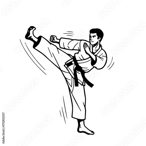 Black and White Karate Practitioner Performing a High Kick in Action.
