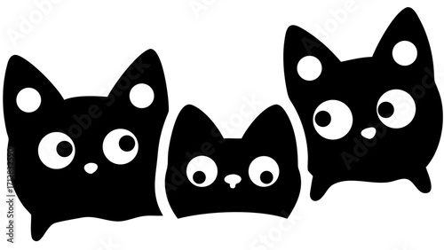 Three adorable cartoon black kittens with big round eyes peek out curiously, perfect for playful designs