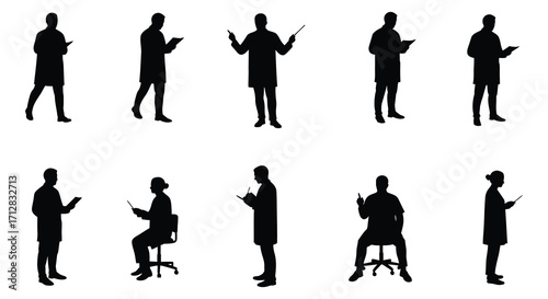 Silhouettes of people in various poses holding devices and gesturing