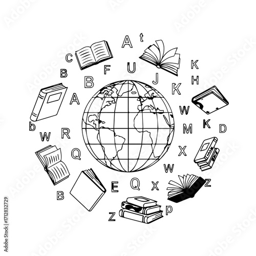 Detailed Black and White Line Art Globe Surrounded by Books and Letters.