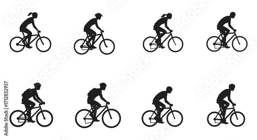 Silhouettes of cyclists in various poses riding bicycles on a white background