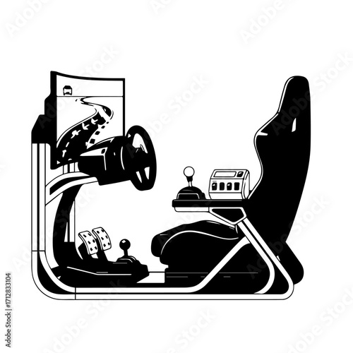 Detailed Black and White Racing Simulator with Steering Wheel and Screen.