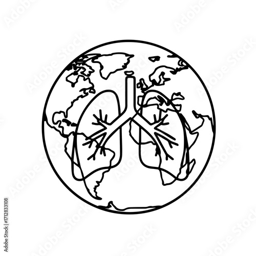 Black and White Line Art of Lungs Overlaid on Globe Earth Illustration.