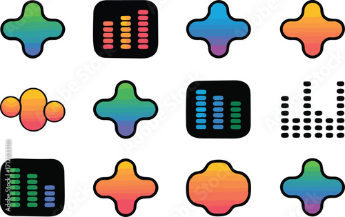 Twelve Abstract Colorful Icons Including Cross Shapes and Sound Equalizers on Black and White Backgrounds Keywords: icon, icons, abstract, colorful