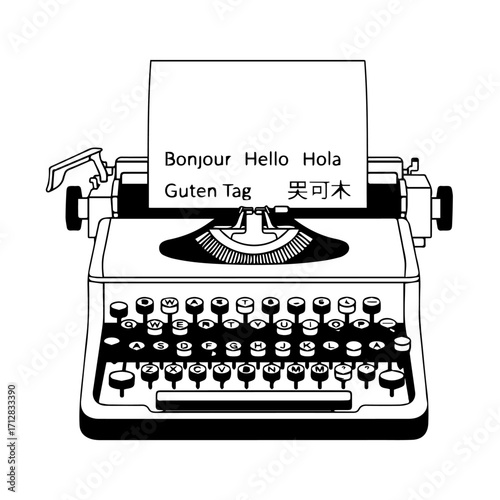 Detailed Black and White Vintage Typewriter with Multilingual Text on Paper.