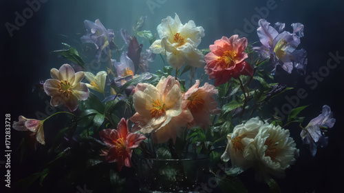 A vase of flowers with a blue background. The flowers are in various colors and sizes