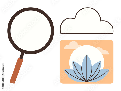 Magnifying glass, cloud, and blue flower petals with sun in the background emphasize exploration, clarity, nature, focus, creativity, weather, and mindfulness in a simple flat metaphor
