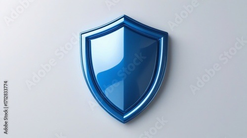 Shiny metallic blue shield icon symbolizing protection and cyber security, isolated 3D rendering on clean white space