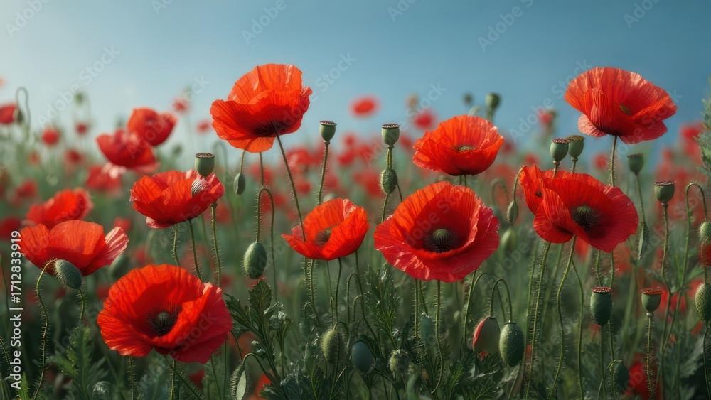 Fototapeta premium Vibrant poppy field under a clear sky