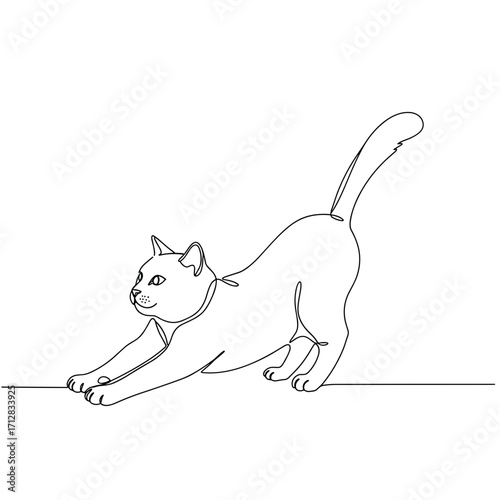 Cat stretching with paws extended in minimalist line art style  