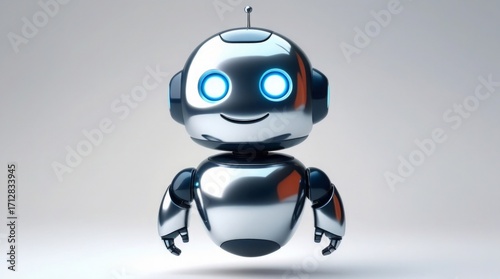 Smiling 3D AI robot mascot with shiny body and glowing eyes, floating on white background as a friendly GPT chatbot icon