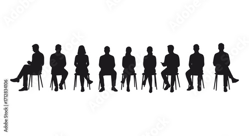 A row of silhouetted people sitting on chairs against a white background
