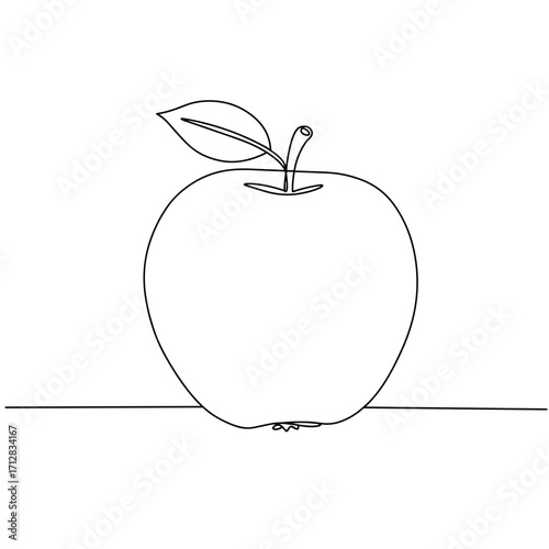 Simple line drawing of an apple with a leaf on white background  