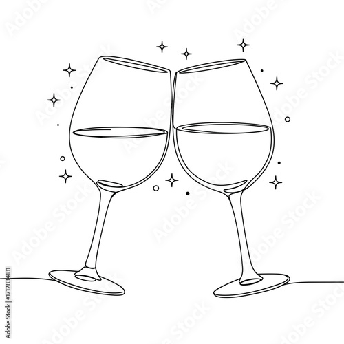 Two wine glasses clinking together with sparkling stars in background  