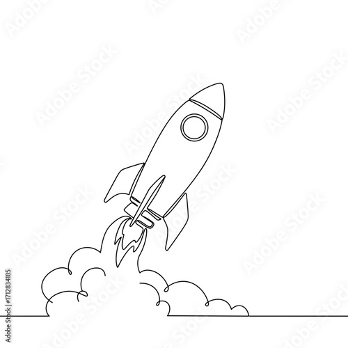 Rocket launching into space with smoke and flames in background  