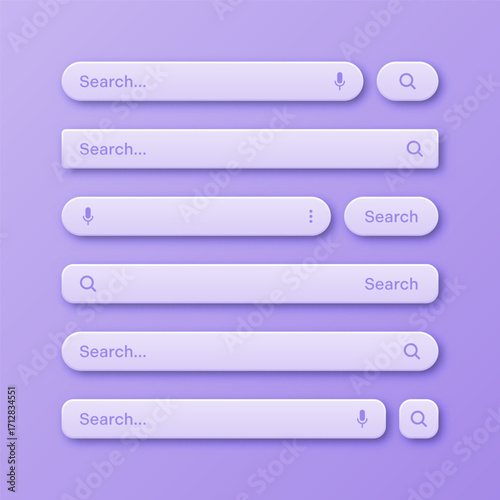 Colorful 3d search bar templates. Internet browser engine with search box, address bar and text field. UI design, website interface element with web icons and push button. Vector illustration