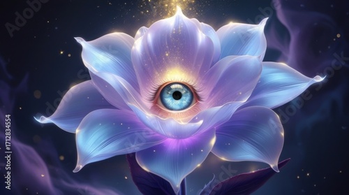 : Surreal glowing magical flower with luminous petals and a mystical human eye at its center on a dark background 