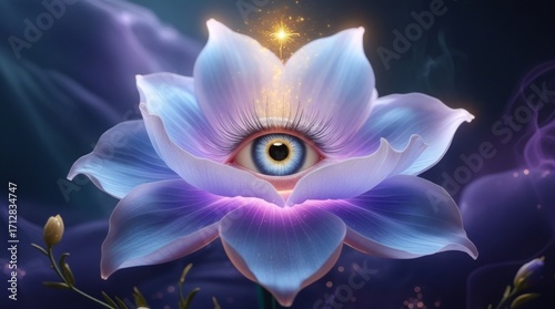 : Surreal glowing magical flower with luminous petals and a mystical human eye at its center on a dark background 