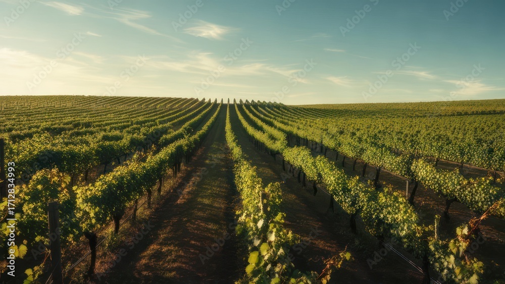 Fototapeta premium Vineyard rows under a golden sky