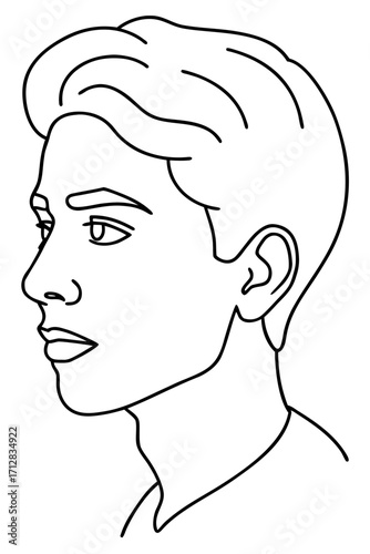 Line drawing of a young man in profile view with short hair  