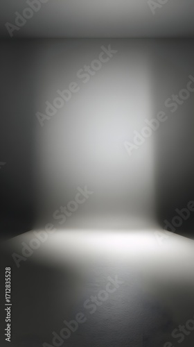 Ethereal Gray Room: Spotlight on Empty Space Minimalist Interior Design Abstract Light and Shadow.