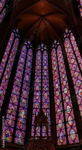 A stunning display of vibrant stained glass windows, highlighting intricate details within a gothic chapel.