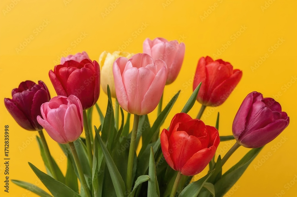 Fototapeta premium Vibrant tulips blossom in a magical arrangement, displaying hues of violet, rose, crimson, and gold.