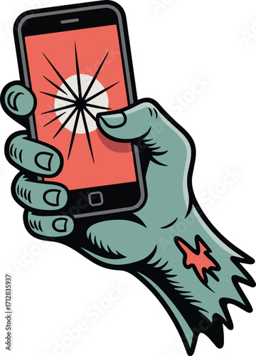 Zombie hand holding smartphone, scary halloween illustration, creepy undead arm, broken phone screen, spooky cartoon design, horror technology concept artwork