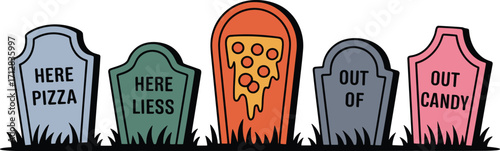 Halloween gravestone illustration, spooky tombstone artwork, funny cemetery design, pizza candy headstone, creepy grave clipart, festive halloween humor, gothic holiday decoration