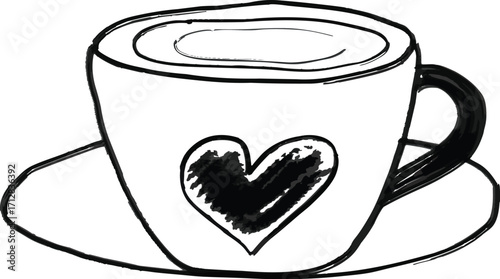 Handdrawn sketch of a coffee cup with a heart on a saucer, isolated on white background
