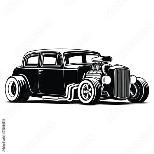 Vintage hot rod car silhouette with modified grille and supercharger in minimalist black and white vector illustration