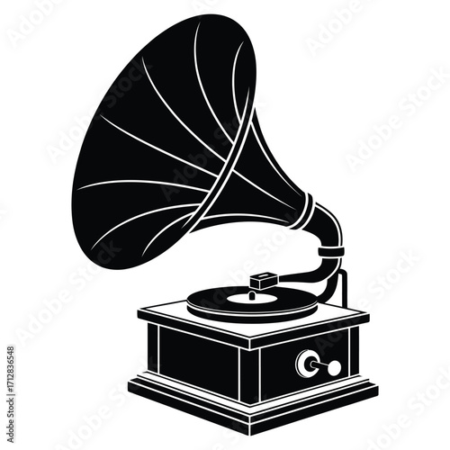 Vintage gramophone silhouette with turntable and horn in minimalist black and white vector illustration