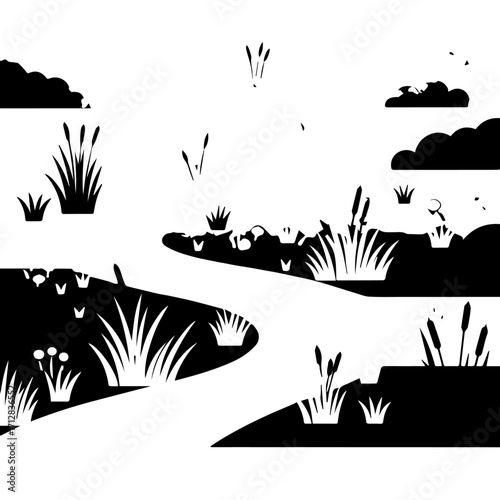 Minimalist black and white silhouette of a serene marsh landscape with a winding river reeds and cattails.
