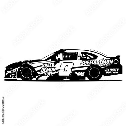 Black and White Racing Car with Number 3 and Speed Demon Fuel Branding.