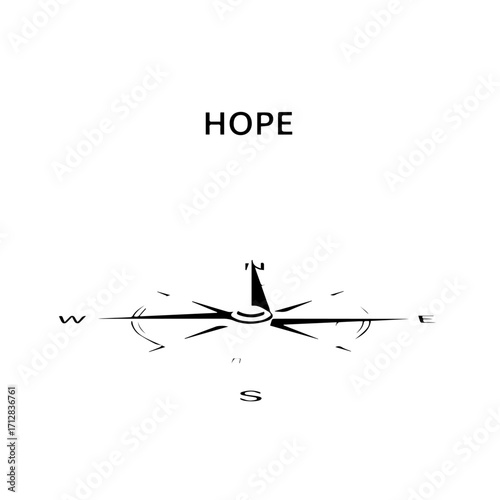 Minimalist black compass rose with the word HOPE a conceptual symbol for guidance and optimism.