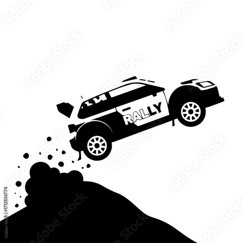 Black and White Rally Car Jumping Over a Hill Silhouette with RALLY Text.