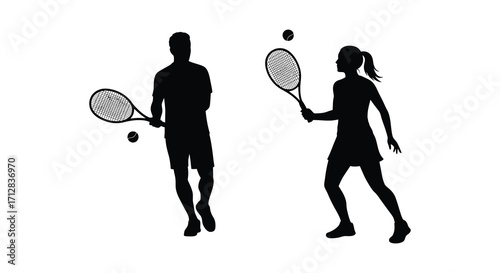 Silhouetted couple engaged in a dynamic doubles tennis match play